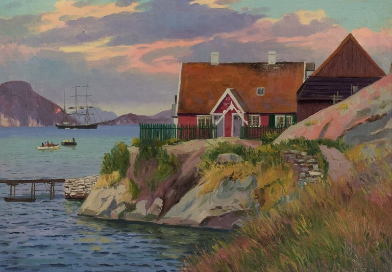 Emanuel Aage Petersen (1894-1948), Oil painting on canvas.Greenlandic village. In the background the Danish royal ship.