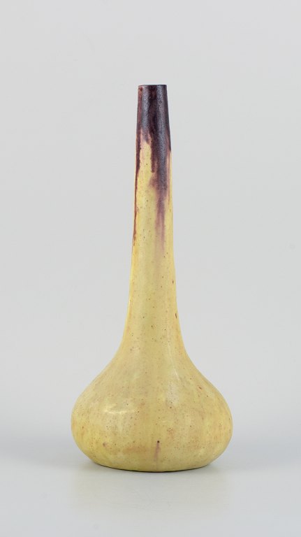 European studio ceramicist, tall narrow-necked unique ceramic vase in yellow and brown decoration. Possibly Belgian ceramicist.
