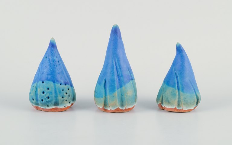 Linda Mathison, Swedish contemporary ceramic artist, three small unique ceramic sculptures in turquoise glaze.