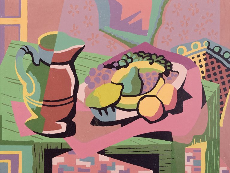 Skandinavisk modernist, olie på plade, stilleben med frugter og kande. Koloristisk palette.