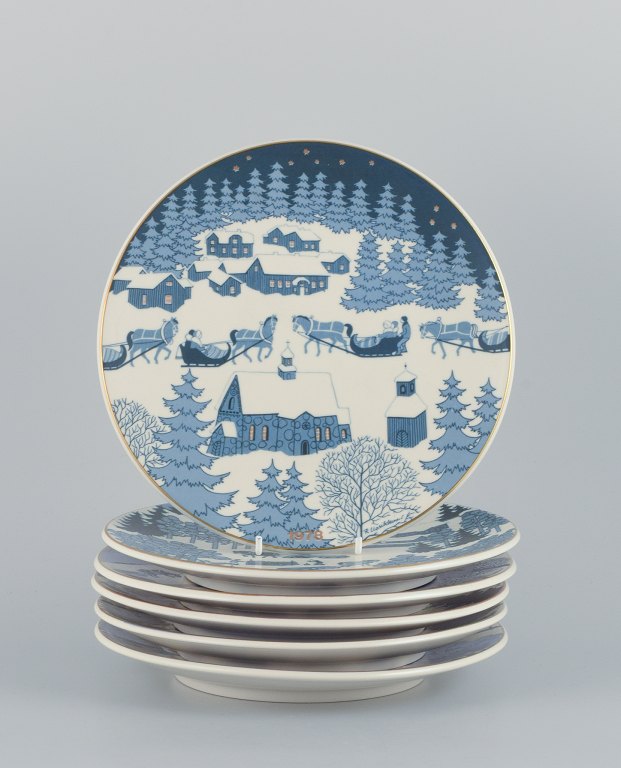 Raija Uosikkinon for Arabia, Finland, et set på seks juleplatter i porcelæn. Finske julelandskaber.