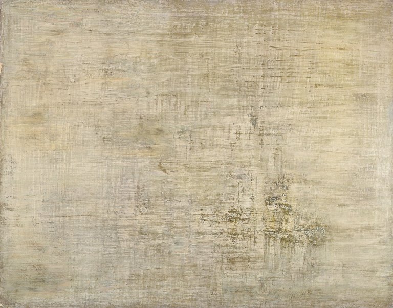 Maurice Rey (1930), listed  Spanish/French artist, oil on canvas. Abstract composition. Stylish painting in white, green, and gray tones.