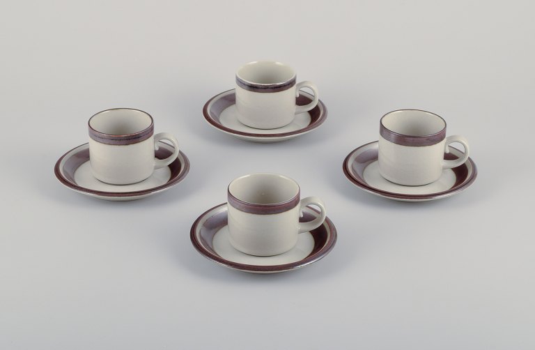 Arabia, Finland. "Karelia". Four sets of small coffee cups and saucers in stoneware.