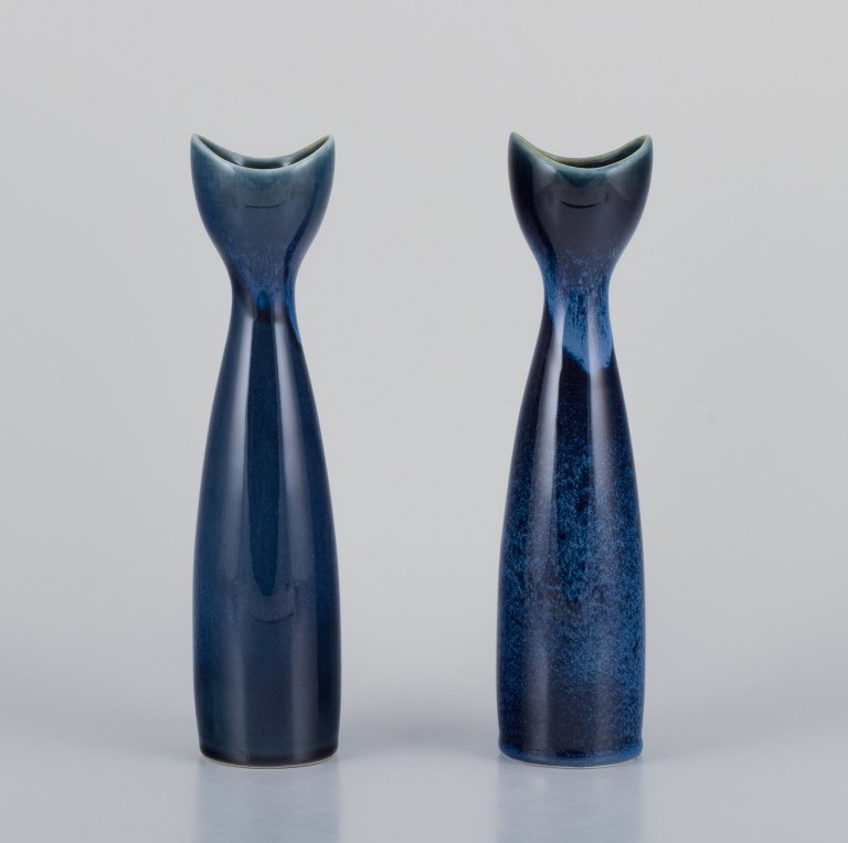 Stig Lindberg for Gustavsberg, Sweden. A pair of "Azur" ceramic vases with glaze in azure blue shades. Hand-painted.