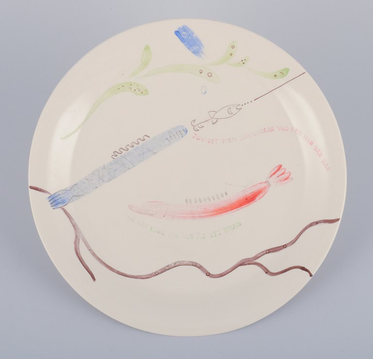 Stig Lindberg for Gustavsberg. "Löja" plate. Hand-painted with a fish motif. Satirical illustration with Swedish text.