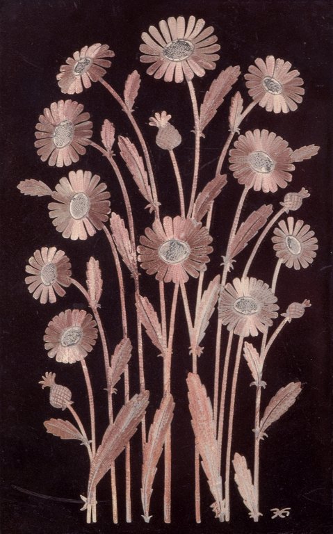 Heinz Erret for Gustavsberg, Sweden. Large ceramic relief. Floral motif decorated in silver. Flower "Prästkrage" (Daisy).