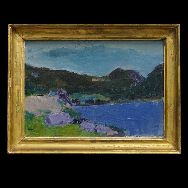 Sven Havsteen-Mikkelsen maleri Færøerne. Sven Havsteen-Mikkelsen, 1912-99, olie på lærred. Parti fra Færøerne. Bagside betegnet "Sommernat Vågø". Signeret. Lysmål: 37x54cm. Med ramme: 48x65cm_