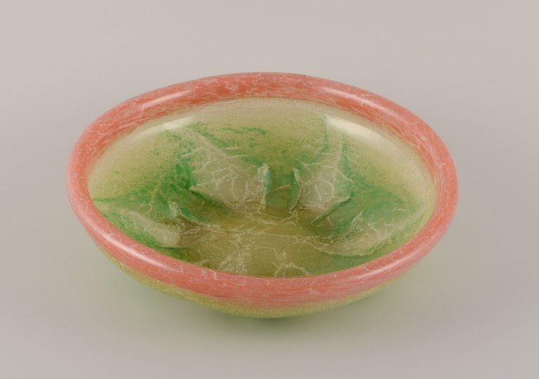 Karl Wiedmann for WMF, Germany. Large "Ikora" art glass bowl in apple green and salmon-colored glass. Art Deco style.