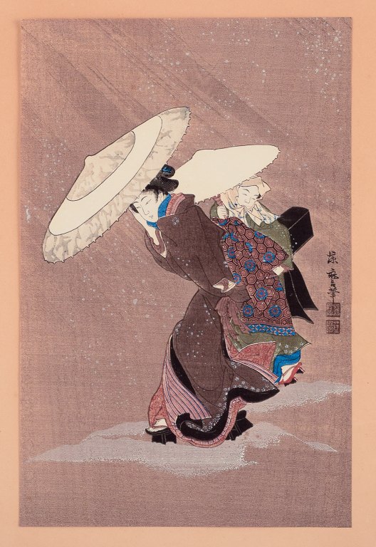 Fujimaro Kitagawa (1790-1850) Woodcut on Japanese paper. Snowscape with a woman in traditional clothing carrying a child.