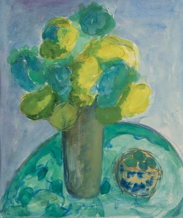 Svensk kunstner. Akvarel på papir.Modernistisk blomster-stilleben. Koloristisk palette.