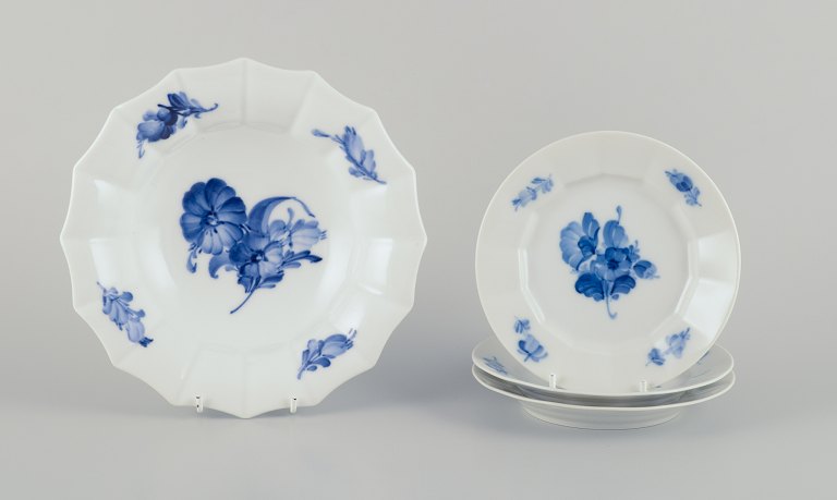 Royal Copenhagen Blue Flower Angular. Three plates and one bowl. Hand-painted porcelain.
