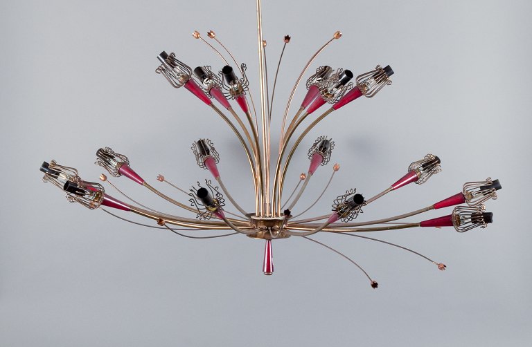 Emil Stejnar for Rupert Nikoll. Colossal chandelier for 16 bulbs, brass and burgundy plastic flower buds.