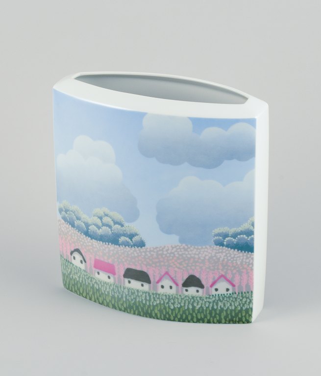 Ivan Rabuzin for Rosenthal, Germany. Studio-Linie. Large porcelain vase.Naive motif of houses in a landscape.