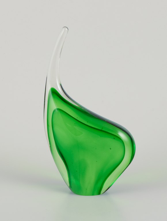 Per Lütken for Holmegaard. Sculpture in green art glass.Organic form.