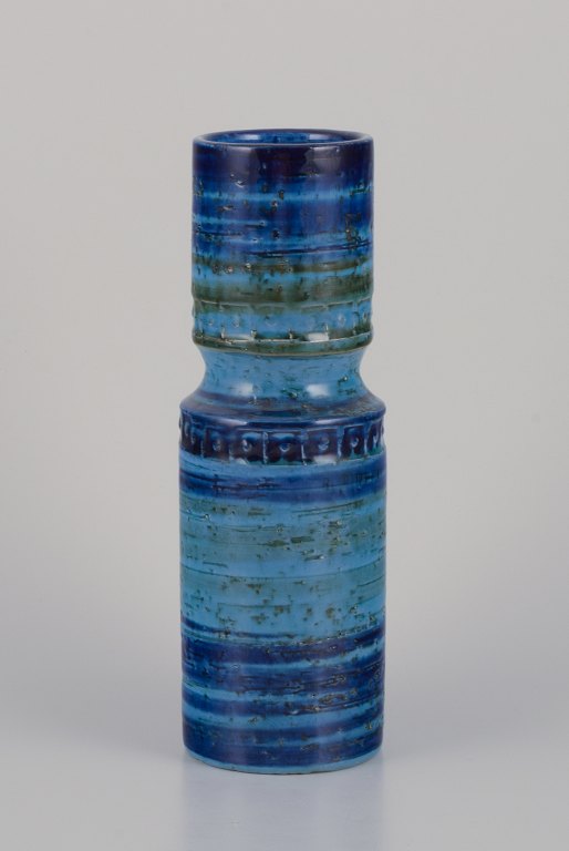 Aldo Londi (1911–2003) for Bitossi, Italy. Ceramic vase with green and blue glaze in a geometric pattern.