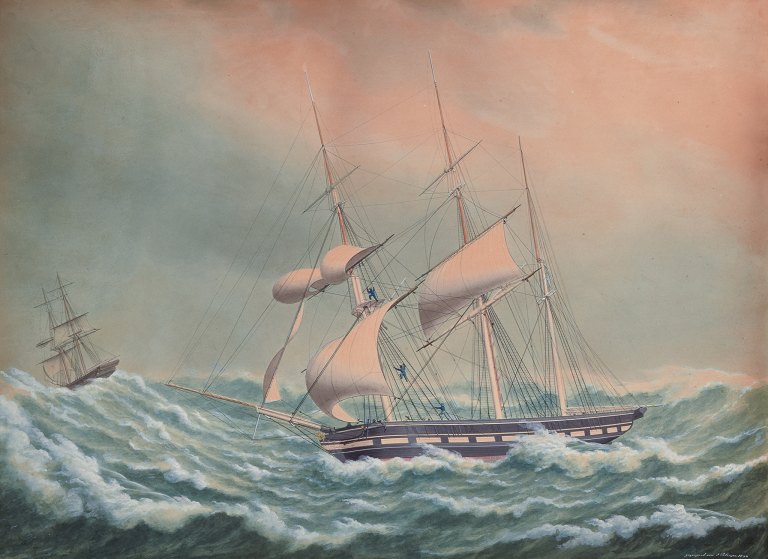 Jacob Petersen (1774-1855), elev af C. W. Eckersberg.Gouache på papir. Skibsportræt af barken ”Ingeborg af København”.
