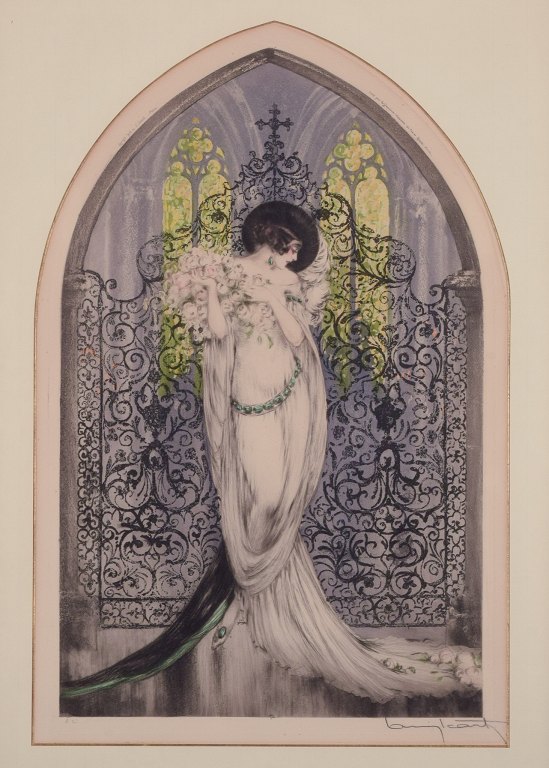 Louis Icart (1888-1950). Farvelitografi på japanpapir. Elegant kvinde med buket af roser i en kirke.