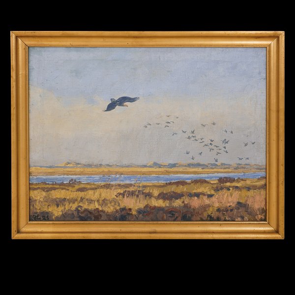 Johannes Larsen, 1867-1961, Öl auf Leinen. Motiv in Form von einem jagenden Adler. Signiert und datiert 1925. Lichtmasse: 59x78cm. Mit Rahmen: 69x88cm