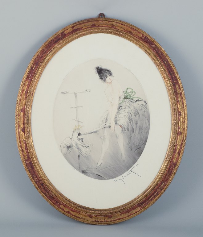 Louis Icart (1888-1950). Etching on paper. Erotic scene - lady in a short dress with a cockatoo.