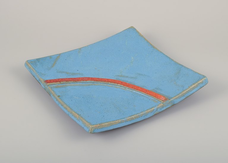 Curt Magnus Addin (1931-2007), Swedish ceramic artist.Unique square ceramic tray in a modernist style. Made of grog clay with turquoise glaze and an orange line.