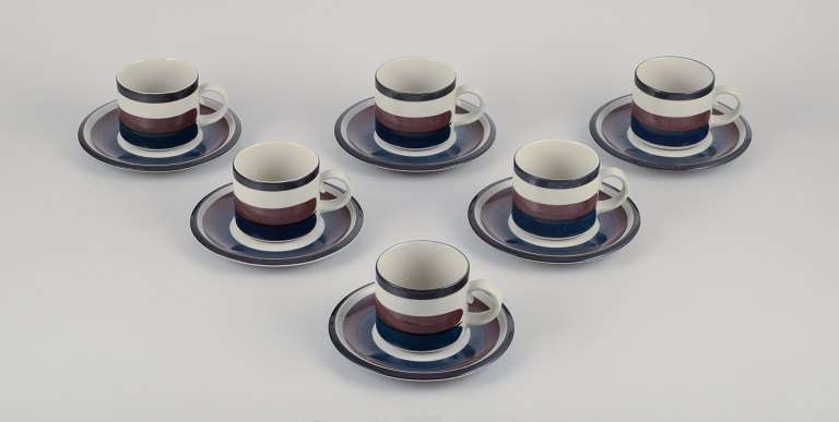 Anja Jaatinen-Winquist for Arabia, Finland. A set of six "Kaira" coffee cups with saucers.