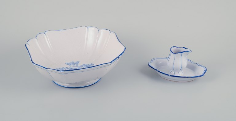 Emile Gallé for St. Clement, Nancy, France. Large square bowl and a sauce pitcher in hand-painted faience.