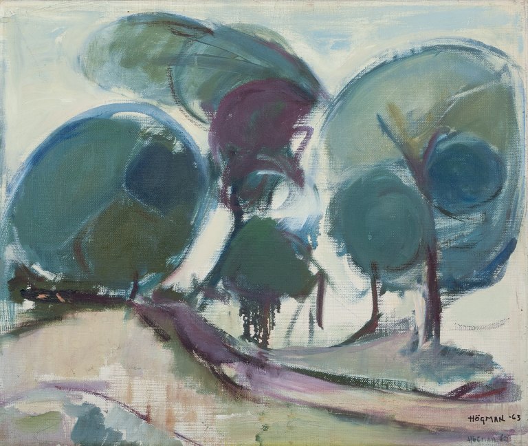 Ragnar Högman (1891-1976), Swedish artist. Oil on canvas.Abstract landscape with trees and rolling hills.