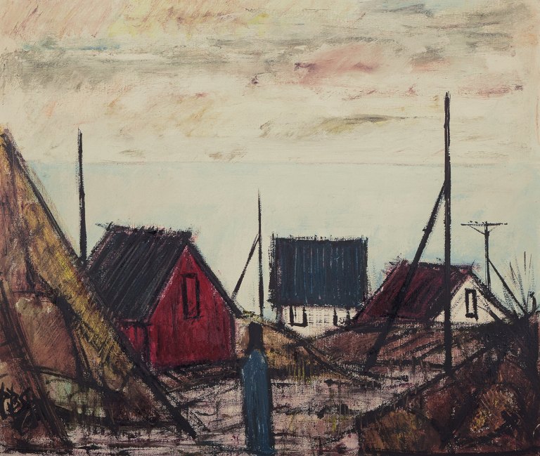 Peder Brøndum Sørensen (1931-2003), Danish painter, oil on board."Houses by the Sea."