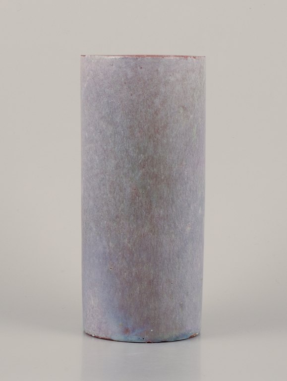 Biot, France.Unique ceramic vase. Cylindrical shape. Glaze in gray-green tones.