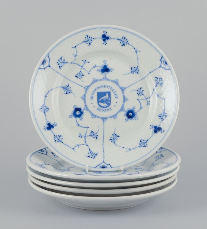 Bing & Grøndahl, Denmark.A set of five small Blue Fluted lunch plates in hotel/restaurant porcelain.