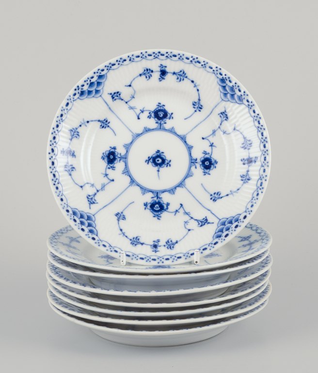 Royal Copenhagen Blue Fluted Half Lace, set of eight cake plates in hand-painted porcelain.