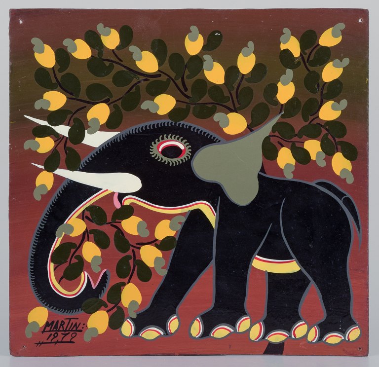 Akryl på plade. Haitiansk maler.Elefantunge. Naivistisk stil.