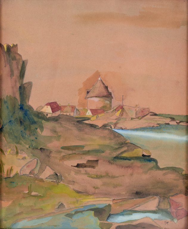 Unknown Danish artist. Watercolor on paper.Landscape view from Bornholm with round church by the Baltic Sea.