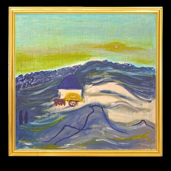 Jens Søndergaard, 1895-1967, Öl auf Leinen. Landschaft, Dänemark, mit Menschen, Pferden und einem Haus. Signiert Jens Søndergaard und datiert 1952. Lichtmasse: 119x124cm. Mit Rahmen: 133x128cm