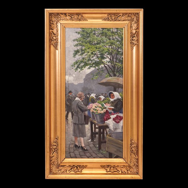 Paul Fischer, 1860-1934, oil on panel. Flower sellers at Højbro Plads, Copenhagen. Signed. Visible size: 36x15cm. With frame: 46x25cm
