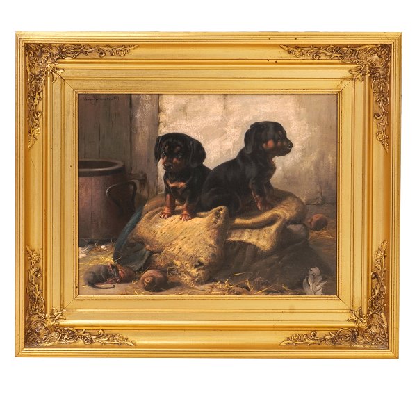 Simon Simonsen gravhunde. Simon Simonsen, 1841-1928, olie på lærred. Motiv i form af to gravhunde. Signeret og dateret 1889. Lysmål: 31x39cm. Med ramme: 50x58cm