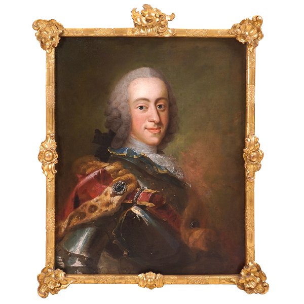 Portrait of King Christian VI by the School of Pilo circa 1775. Visible size: 71x56cm. With frame: 86x66cm