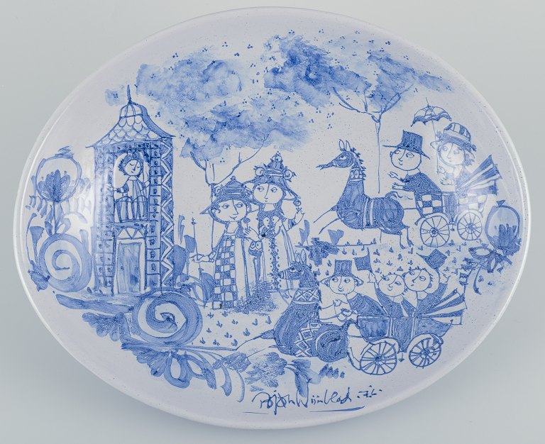 Bjørn Wiinblad, Det Blå Hus, eget værksted.Stor oval keramikskål håndmalet i blåt.