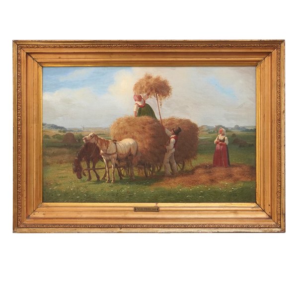Vilhelm Pedersen, 1820-59, oil on canvas. Danish Golden Age harvest motif. 
Visible size: 28x43cm. With frame: 39x54cm