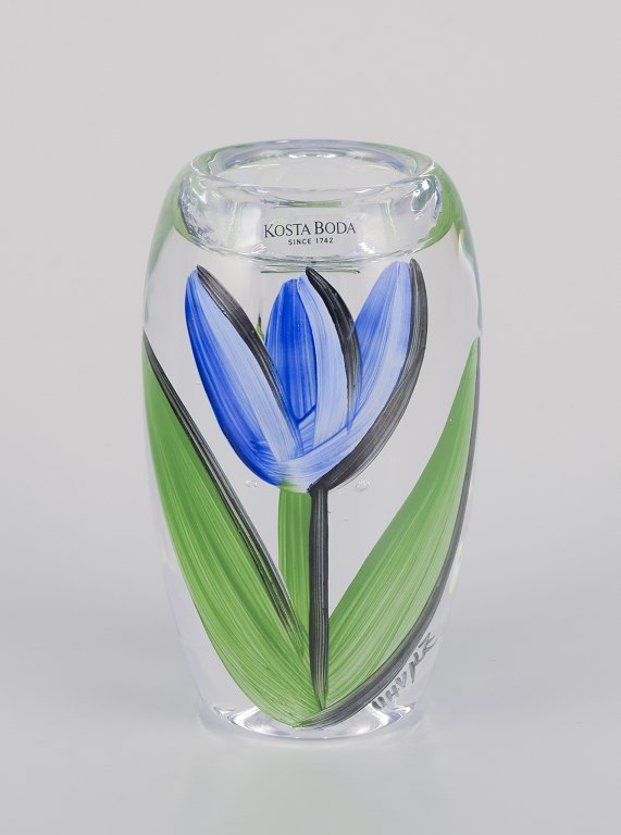 Ulrica Hydman Vallien for Kosta Boda, Sweden.Candlestick with hand-painted floral motif.