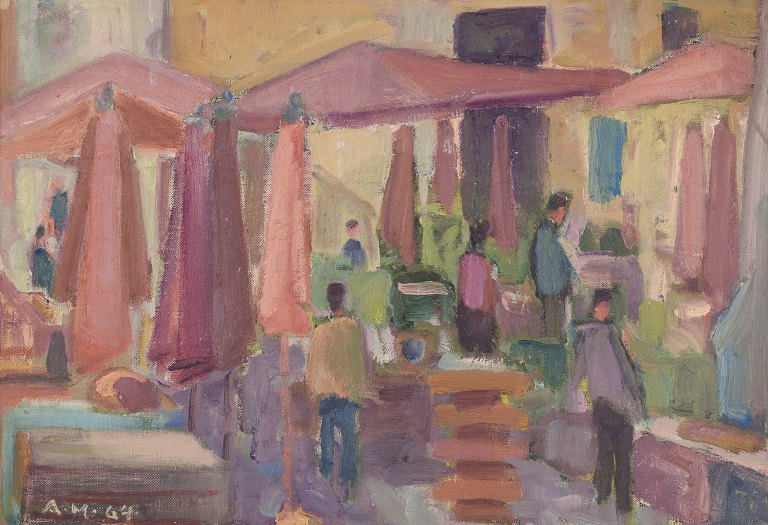 Aksel Møller (1909-1994), dansk kunstner. Olie på lærred.
Markedsscene med personer fra Catania, Sicilien.