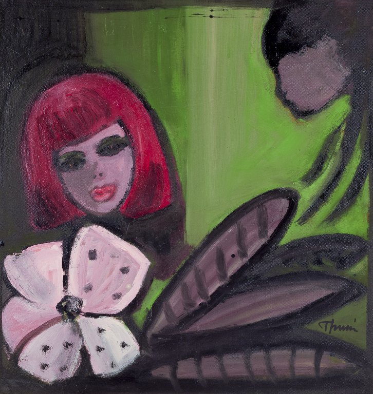 Svensk kunstner.
Olie på plade.
Motiv af to kvinder og blomst.