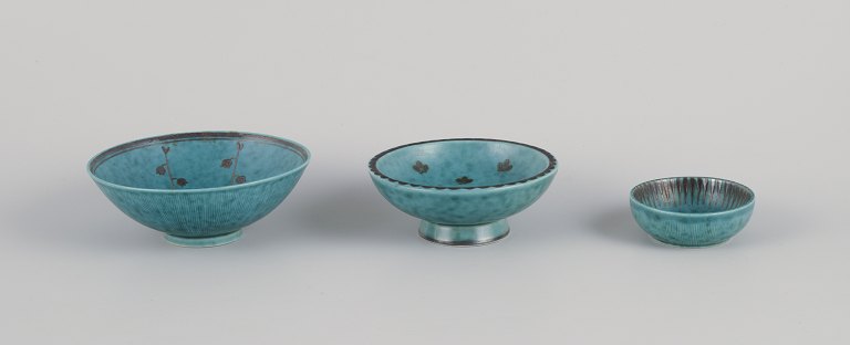 Wilhelm Kåge for Gustavsberg, Sweden.Three small ceramic bowls from the “Argenta” series.