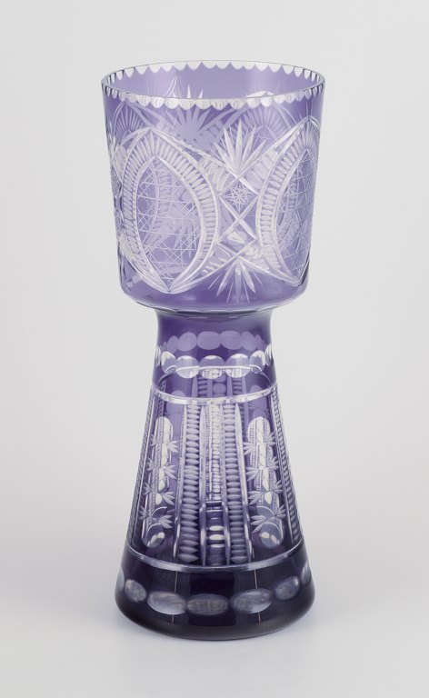 Bohemian floor vase in lilac and clear crystal glass.