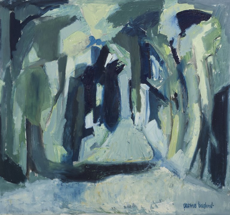 Parmo Baslund (1928-1983), dansk billedkunstner. 
Olie på lærred.
Abstrakt landskab