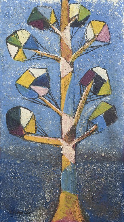 Finsk kunstner, olie på lærred.
Motiv af træ i kubistisk stil.