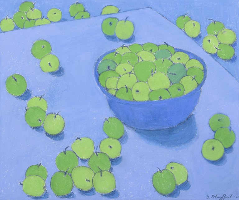 Brita Streijffert (1917-2006), svensk kunstner.
Oliekridt på papir.
Frugter i skål på bord.