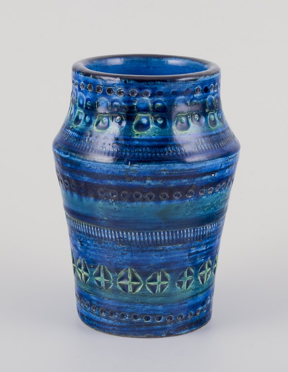 Aldo Londi for Bitossi. Vase in Rimini blue glazed ceramic with geometric patterns.