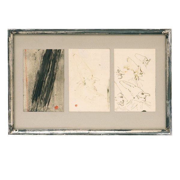 Preben Hornung, 1919-89, tre signerede  postkort, mixed media. Lysmål: 3x15x9cm. 
Med ramme: 25x38cm