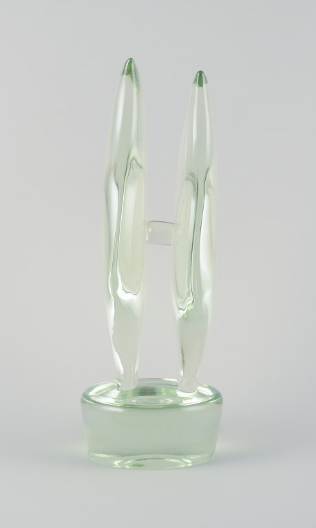 Ermanno Nason, Murano, Italy.Large sculpture in light green art glass. Organic form, double-wing on base. Mouth-blown.